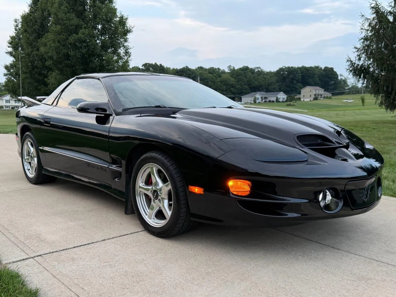 Pontiac Firebird Trans Am noir et or avec le grand Firebird sur le capot, de trois quarts avant